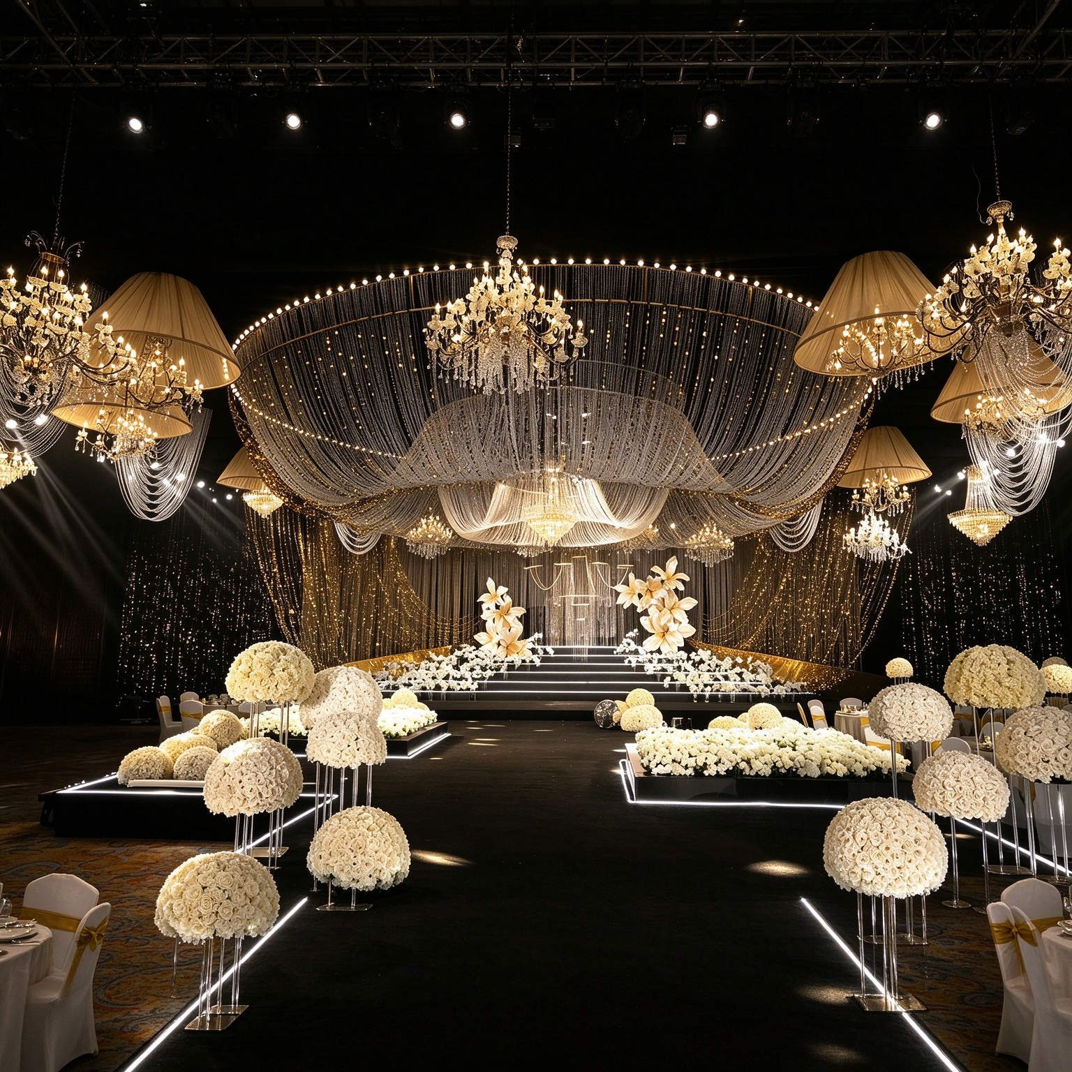 Light luxury crystal strings | platinum floral wedding chapel full scene