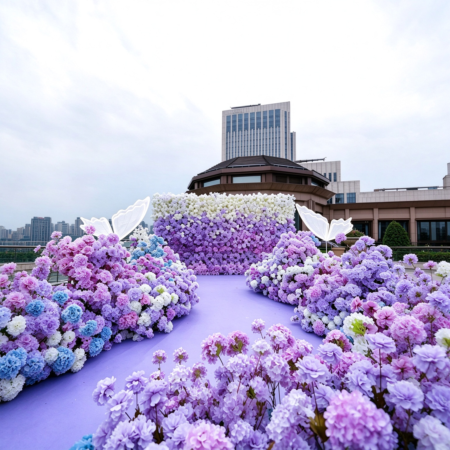 Purple and White Hydrangea Flower Sea Floral Installation | Outdoor Wedding / Commercial Aesthetic Display Check-in Landscape