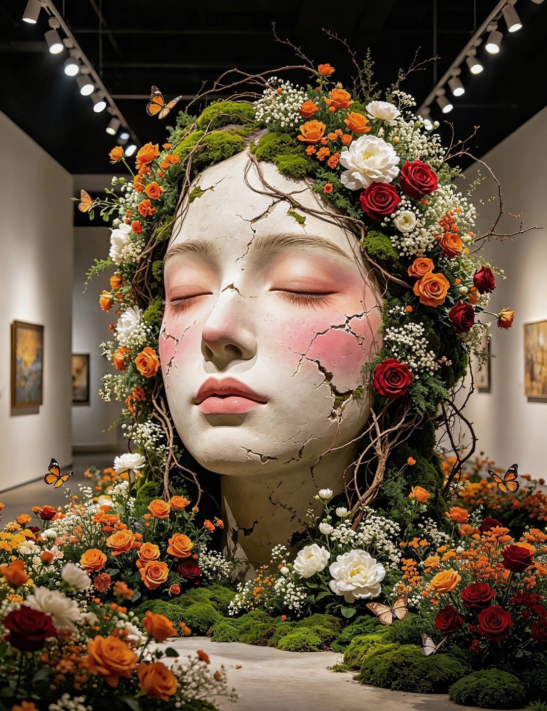 Sleeping Goddess Giant Head Floral Sculpture