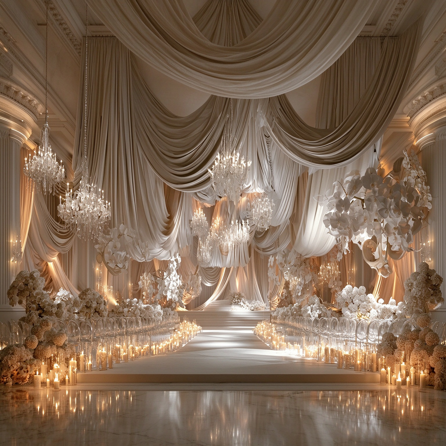   Champagne fabric | giant paper art Phalaenopsis orchid wedding chapel full set scene